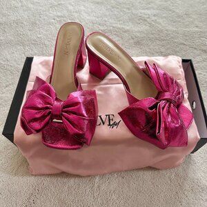Twelve AM Hot Pink Metallic Bow Mules block heel